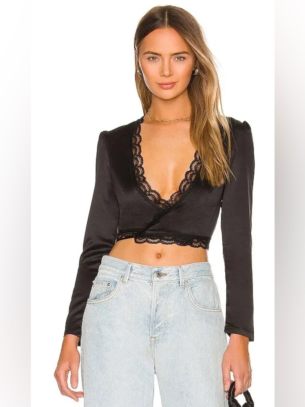 More to Come Sophia Satin and Lace Wrap Top Black Size XS